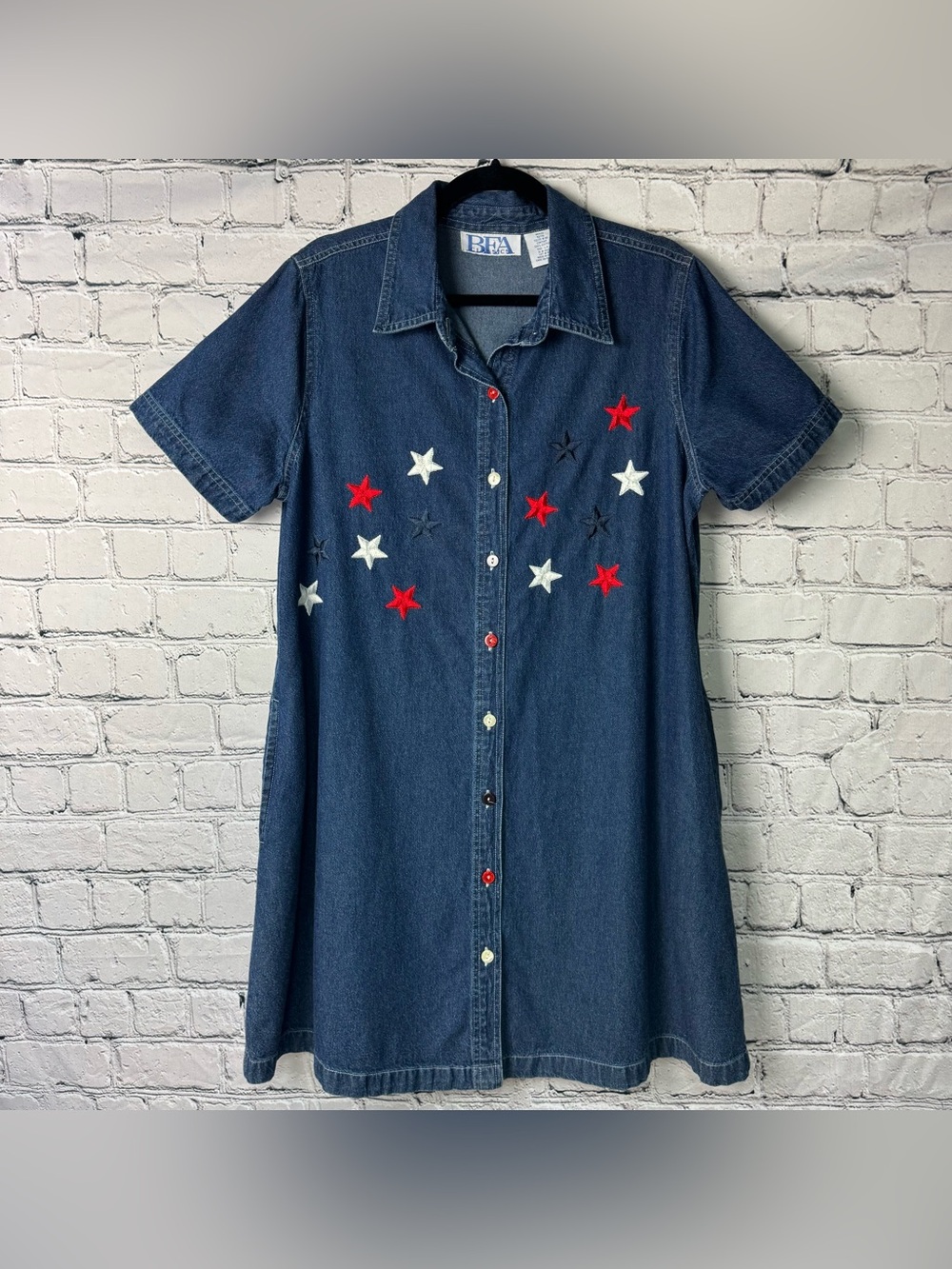 Vintage 90s Denim Button-Front Dress Embroidered Patriotic Red White Blue Stars